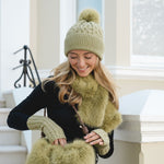 Women's Cable Knit Hat with Faux Fur Pom Pom | Artichoke Green