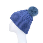 Women's Cable Knit Hat with Faux Fur Pom Pom | China Blue