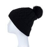 Women's Cable Knit Hat with Faux Fur Pom Pom | Ebony Black