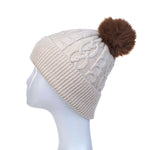 Women's Cable Knit Hat with Faux Fur Pom Pom | Linen White/Mocha Brown