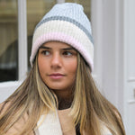 Women's Ribbed Colour Block Beanie Hat | Grey/Pink/Beige