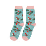 Women's Festive Robin & Holly Socks | Bamboo | Duck Egg Blue