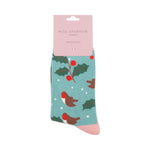 Women's Festive Robin & Holly Socks | Bamboo | Duck Egg Blue