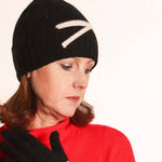 Women's Winter Beanie Hat with Knitted Bow Detail | Black/Cream