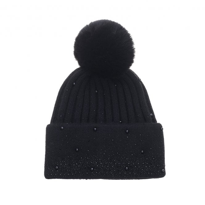 Faux Fur Pom Pom Hat with Rhinestones | Raven Black