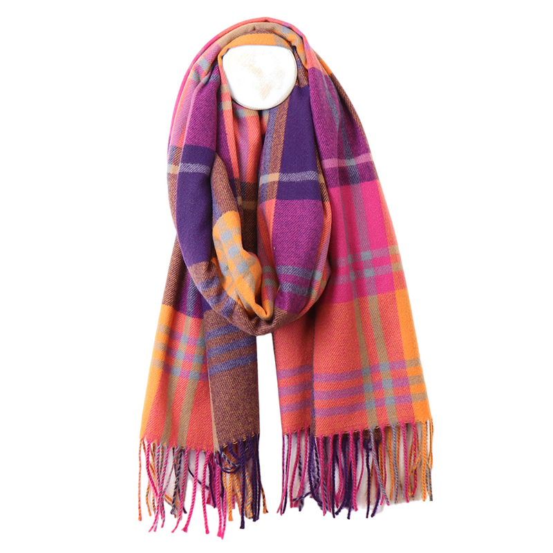 Checked Fringe Scarf | Purple & Orange Mix