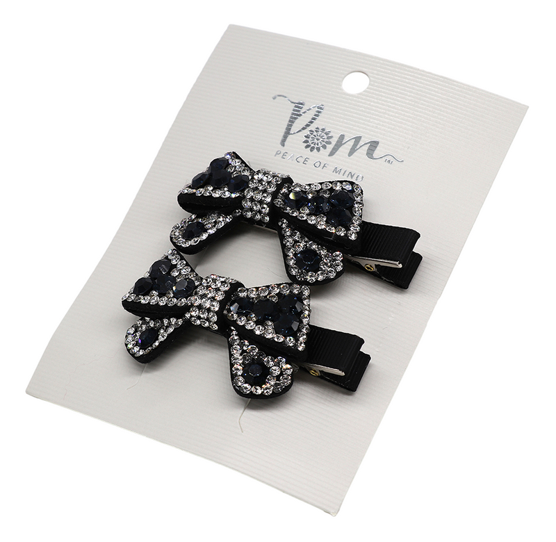 Crystal Bow Hair Clips | Black & Silver | Set of 2