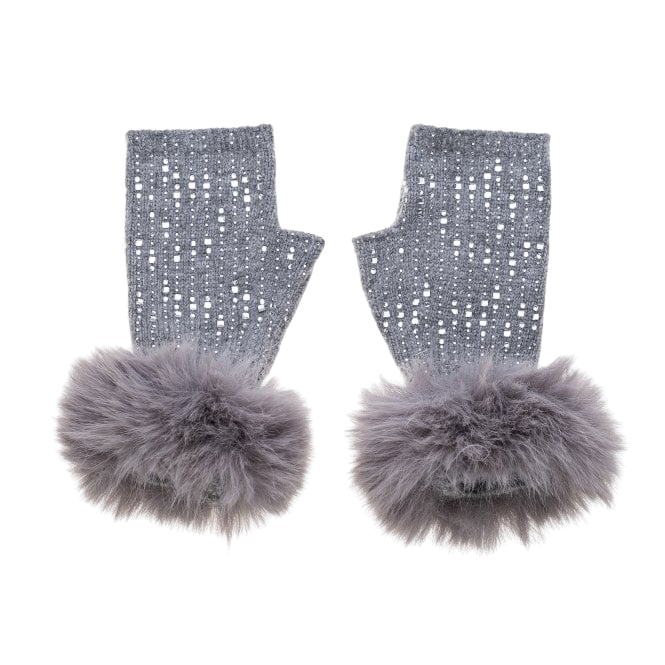 Crystal Mittens with Faux Fur Cuffs | Soft Grey