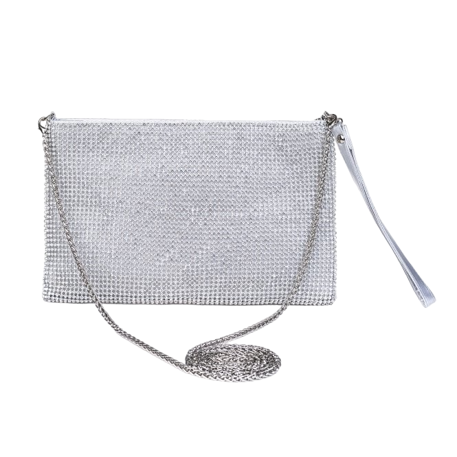 Crystal Wristlet Pouch with Chain | Silver