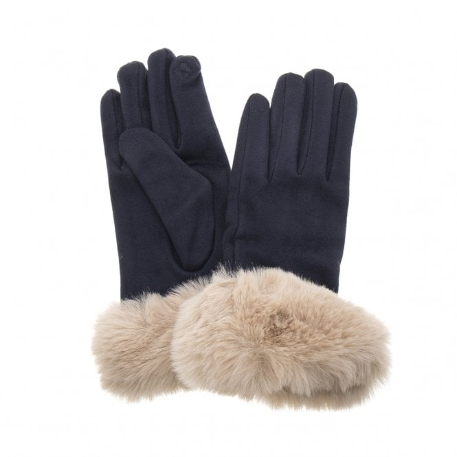 Faux Fur Gloves | Navy/Beige