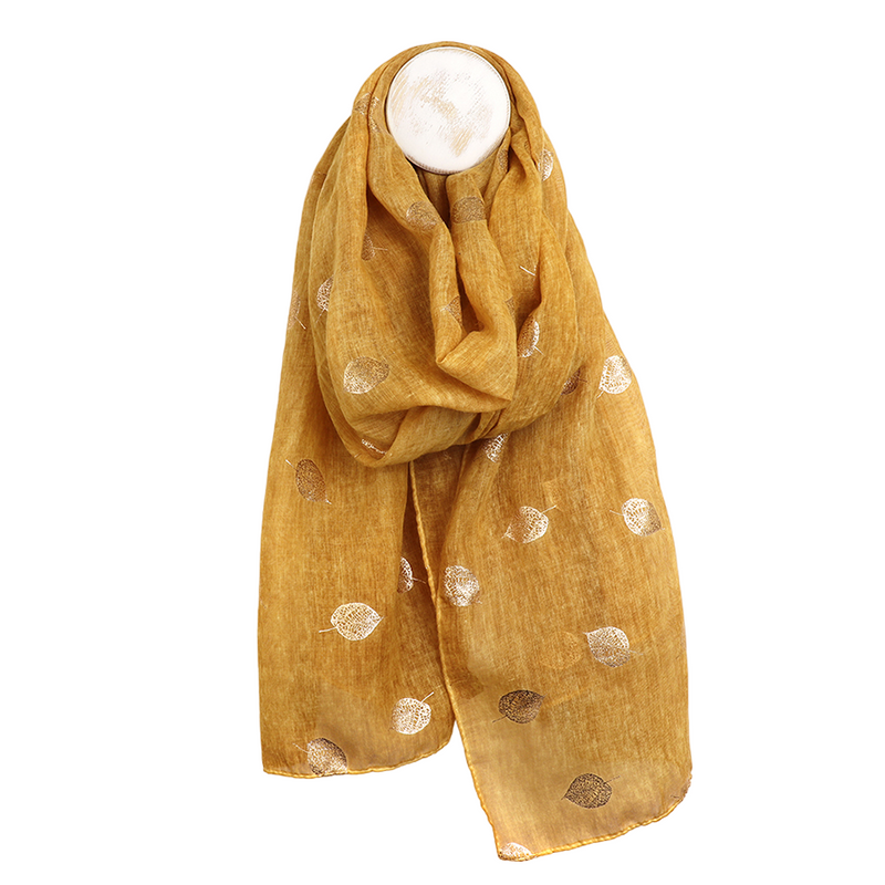 Skeleton Leaf Print Scarf with Gold Foil | Mustard