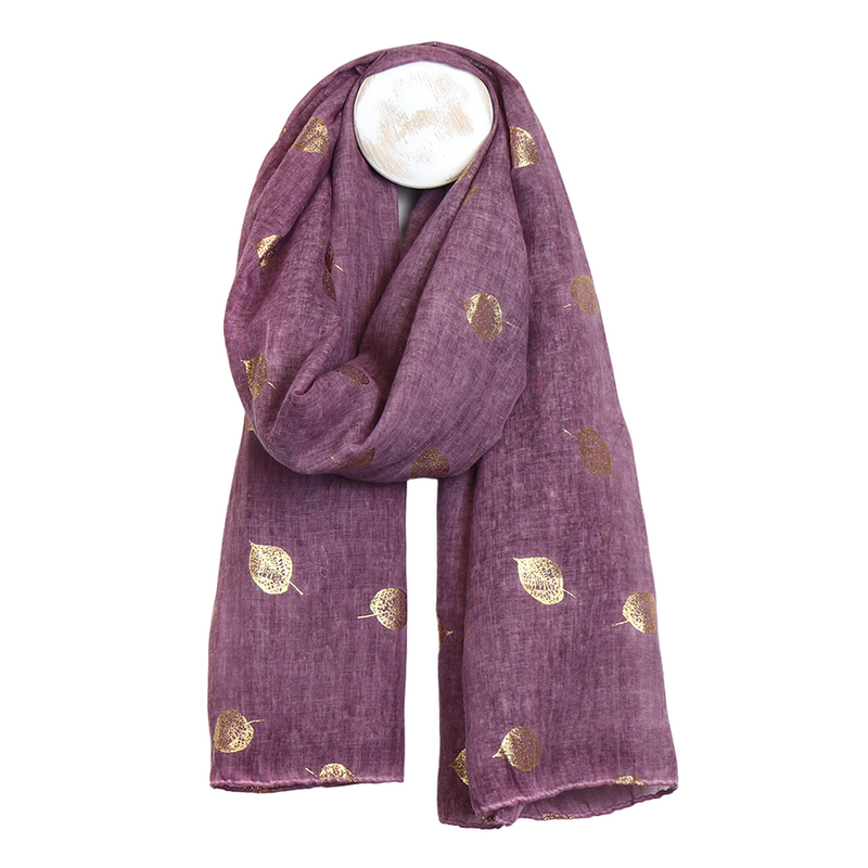 Skeleton Leaf Print Scarf with Gold Foil | Washed Berry