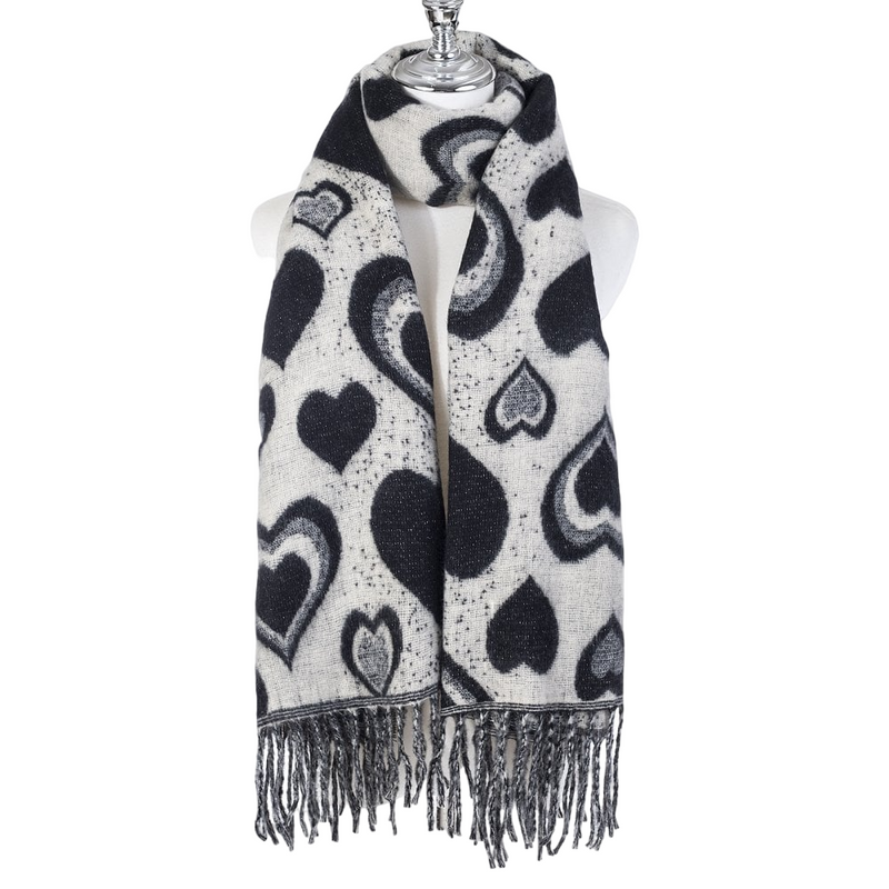 Heart Print Scarf with Fringe | Black & White