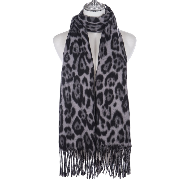 Leopard Print Scarf with Fringe | Dove Grey