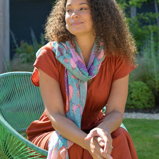 Lightweight Abstract Butterfly Wing Print Scarf with Metallic Foil