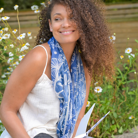 Lightweight Nautical Seashell Print Scarf | Blue & White