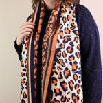 Reversible Animal Print Jacquard Scarf | Navy/Orange