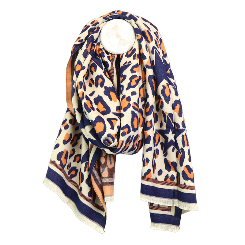 Reversible Animal Print Jacquard Scarf | Navy/Orange