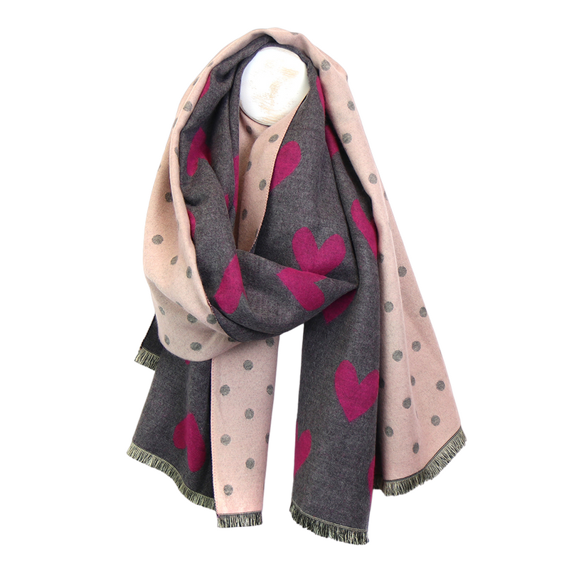 Reversible Heart & Dot Print Jacquard Scarf | Pink/Grey