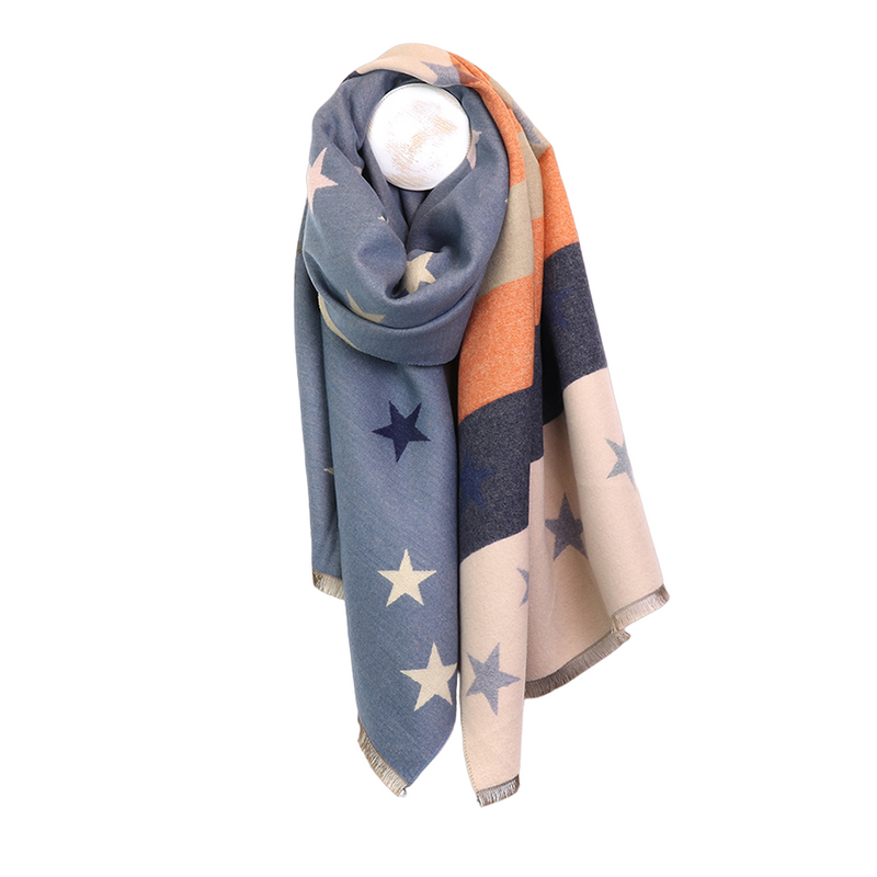 Reversible Star Print Jacquard Scarf | Blue/Orange