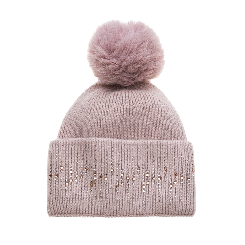 Ribbed Crystal Hat with Faux Fur Pom Pom | Pink