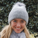 Ribbed Crystal Hat with Faux Fur Pom Pom | Soft Grey