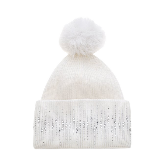 Ribbed Crystal Hat with Faux Fur Pom Pom | Winter White