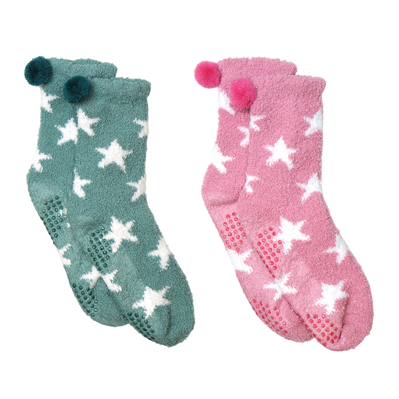 Star Print Slipper Socks with Pom Poms | Seafoam & Pink | Set of 2