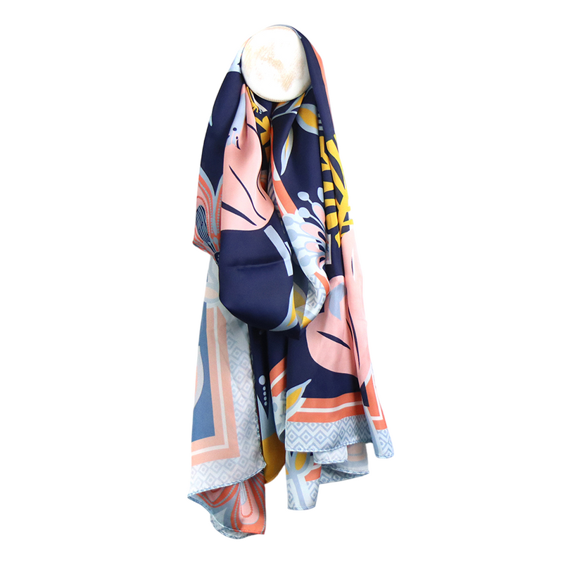 Tropical Print Summer Scarf | Navy Pink Mix