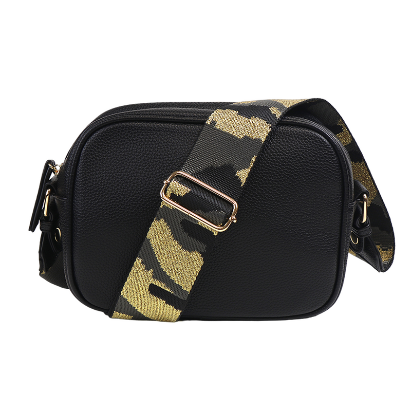 Vegan Leather Camera Bag with Removable Camo Strap | Black