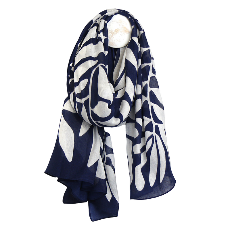 Vine Print Bamboo Viscose Scarf | Navy & White