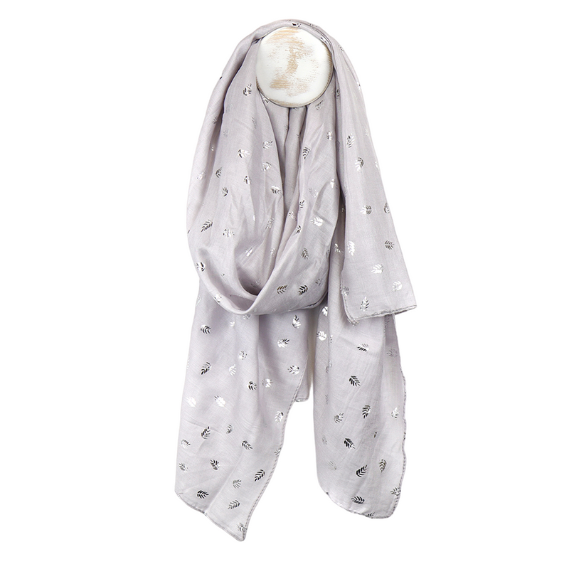 Viscose Leaf Print Scarf with Silver Foil | Grey