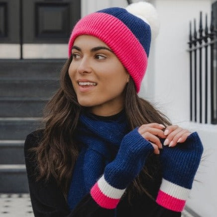 Winter Beanie Pom Pom Hat | Navy/Pink/White