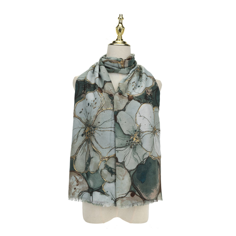 Women's Abstract Floral Print Scarf | Green & Gold