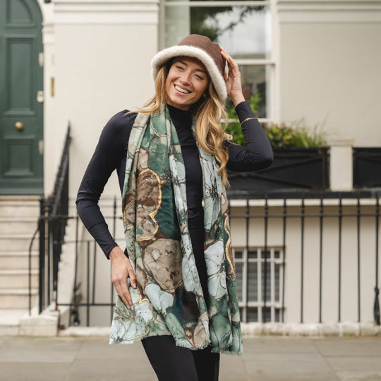Women's Abstract Floral Print Scarf | Green & Gold