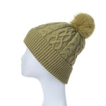 Women's Cable Knit Hat with Faux Fur Pom Pom | Artichoke Green