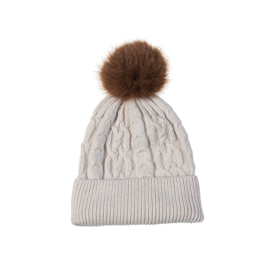 Women's Cable Knit Hat with Faux Fur Pom Pom | Linen White/Mocha Brown
