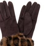 Women's Faux Suede Gloves with Faux Fur Cuffs | Coffee Brown/Leopard Print