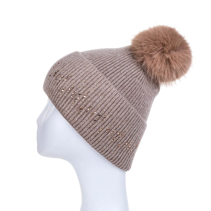 Women's Ribbed Winter Hat with Faux Fur Pom Pom & Glitter | Cappuccino Brown