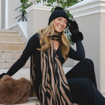 Women's Tiger Print Winter Scarf with Tassels | Cocoa Brown