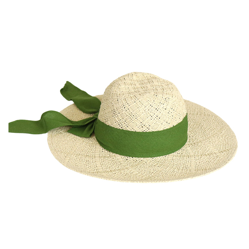 Woven Wide Brim Straw Sun Hat with Green Ribbon