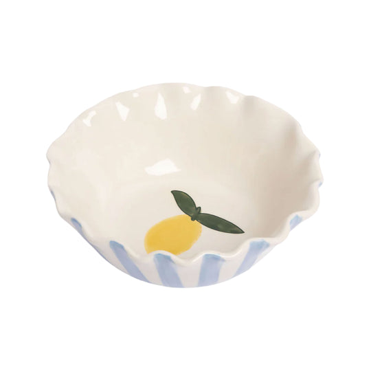 Scalloped Lemon Stoneware Bowl | Blue Candy Stripes | 16cm