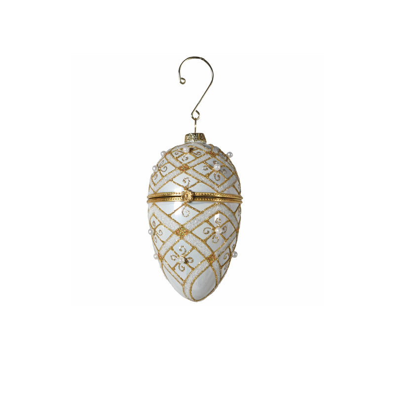 Beaded Glass Faberge Bauble | White & Gold