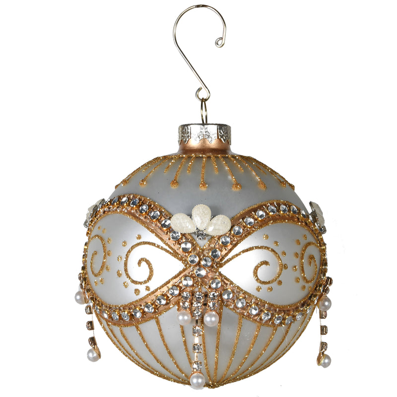 Luxe Beaded Glass Bauble | White & Gold