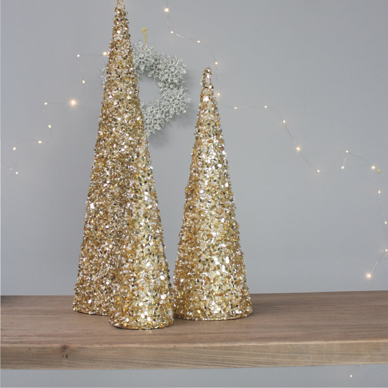 Sequined Topiary Tree Cones | Set of 3 | Gold