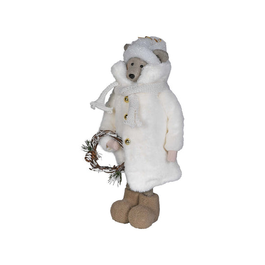 Festive Winter Bear Figurine Holding Christmas Wreath | 35cm