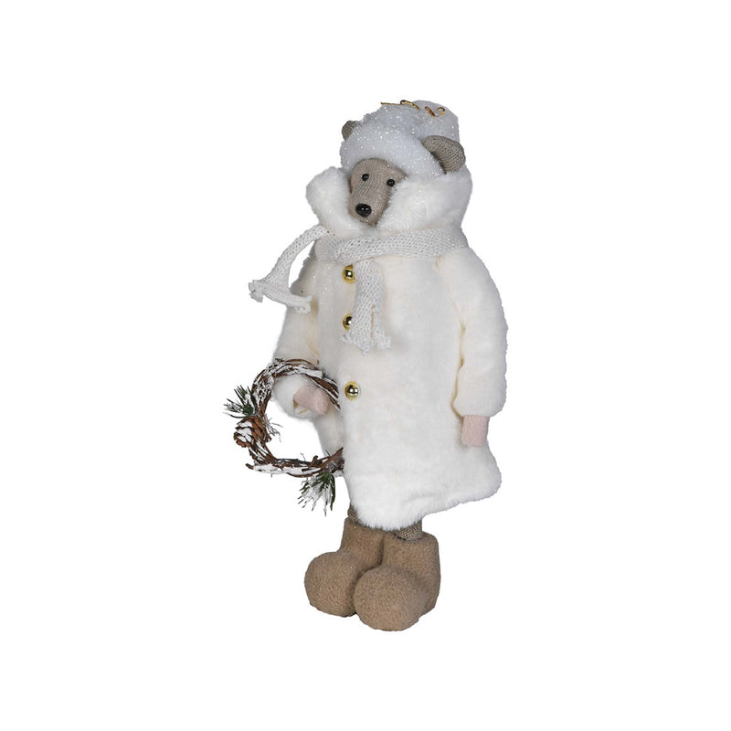 Festive Winter Bear Figurine Holding Christmas Wreath | 35cm