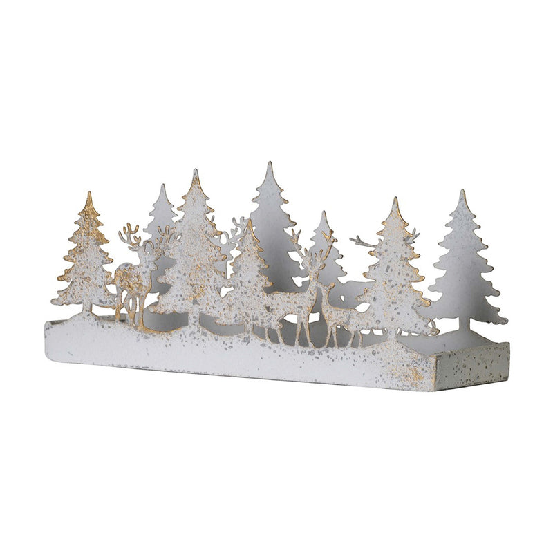 Rustic Forest Candle Holder with Reindeer | White/Gold Iron | 27.5cm