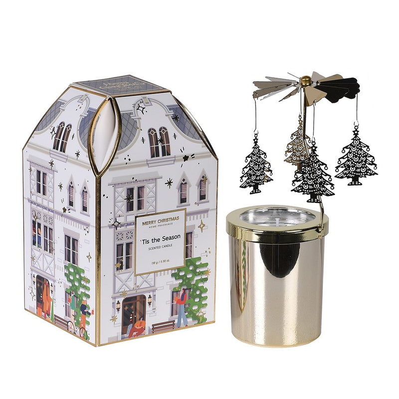 'Tis The Season' Scented Candle with Decorative Hanging Christmas Trees | Gold | 20cm
