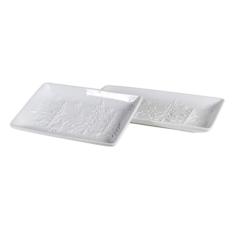 Embossed Christmas Tree Serving Dishes | White | Set of 2